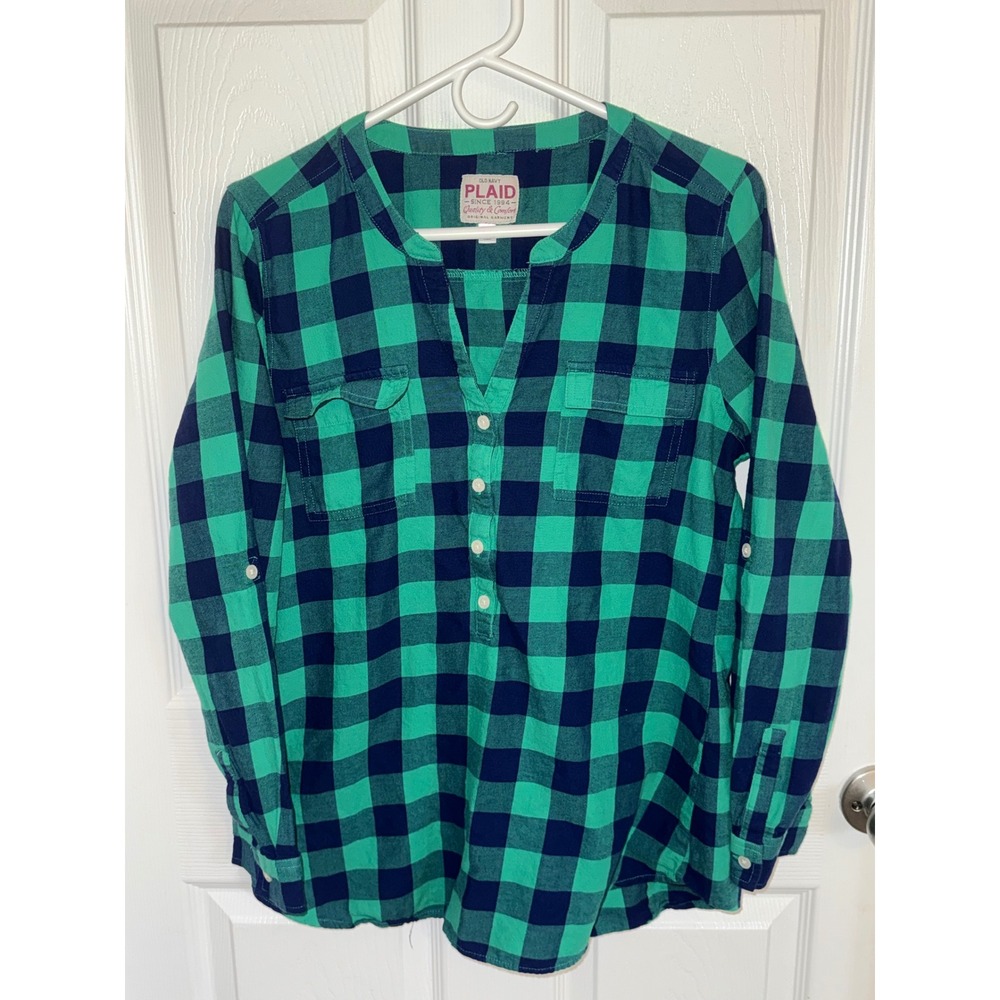 Old Navy Women Green Navy Blue Buffalo Plaid Roll Tab Sleeve Tunic Shirt Medium
